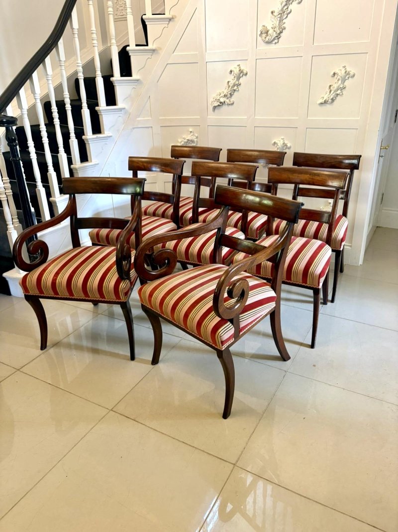 Antique Regency Mahogany Dining Chairs Set of Eight Including Two Carvers Scroll Arms - Image 3